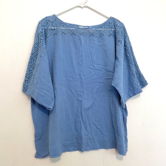 CHICO'S 3 Lace Short Sleeve Gauze Top Blue Crochet Trim Dolman Sleeve Cotton XL - Picture 1 of 16